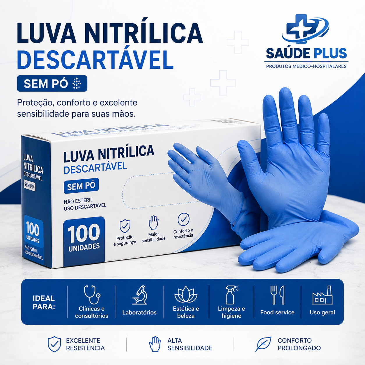 Luva Nitrílica Descartável Sem Pó – Caixa com 100 Unidades