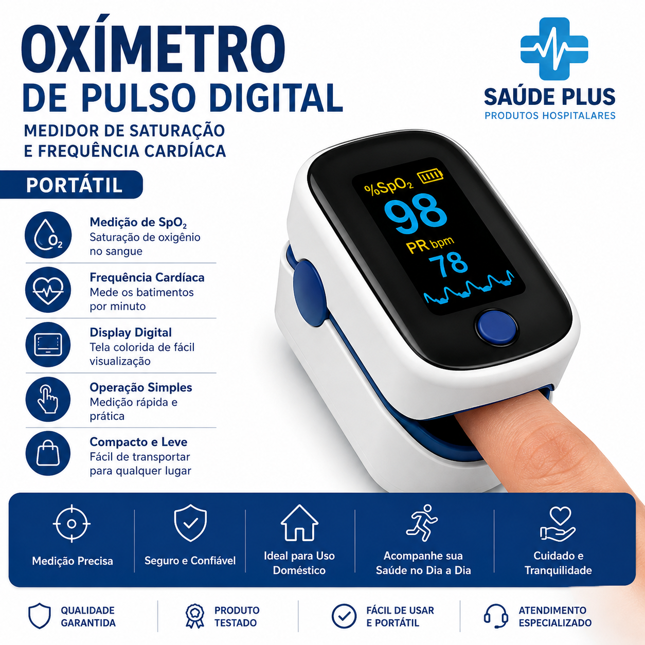 Oxímetro de Pulso Digital Portátil com Medidor de Saturação e Frequência Cardíaca
