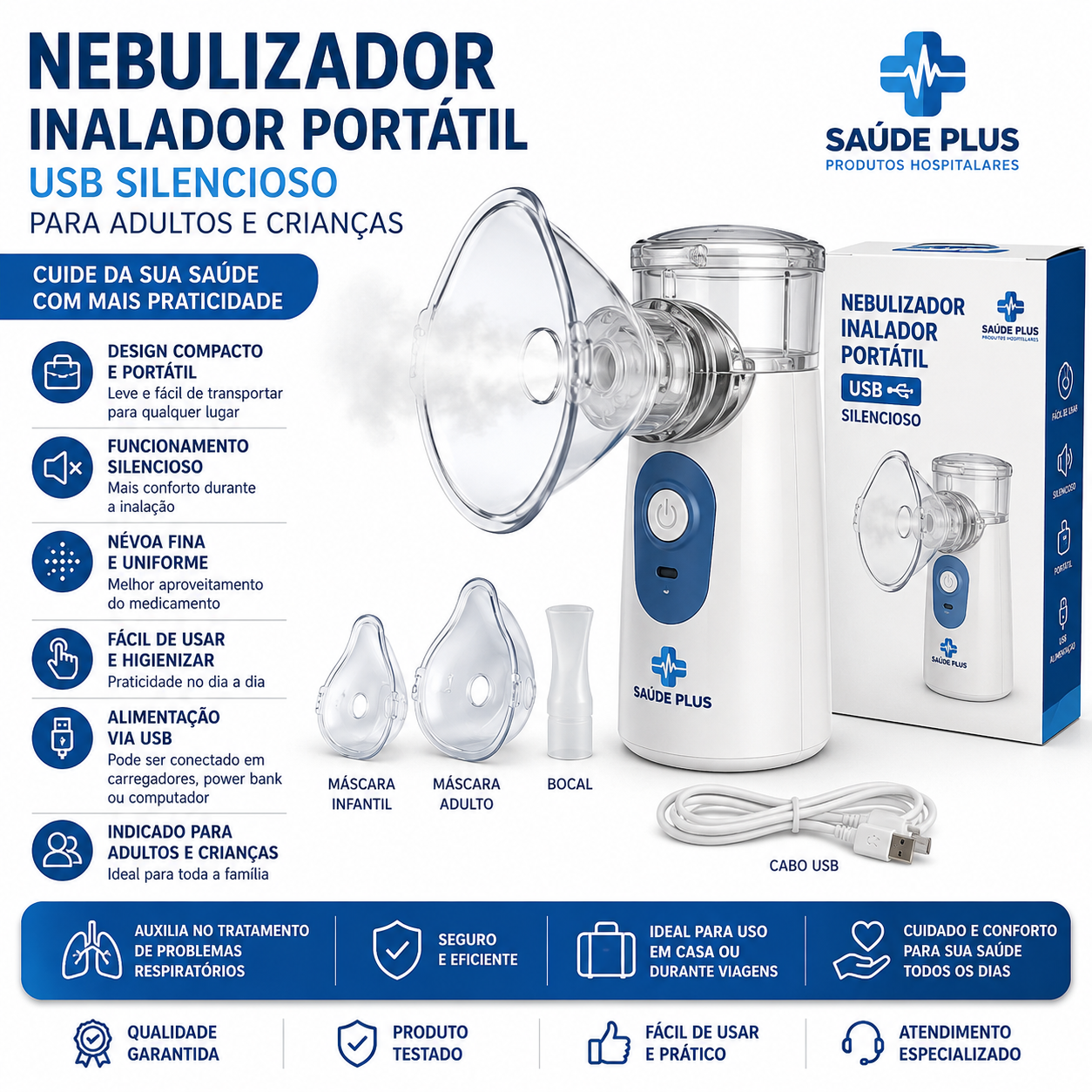 Nebulizador Inalador Portátil USB Silencioso para Adultos e Crianças