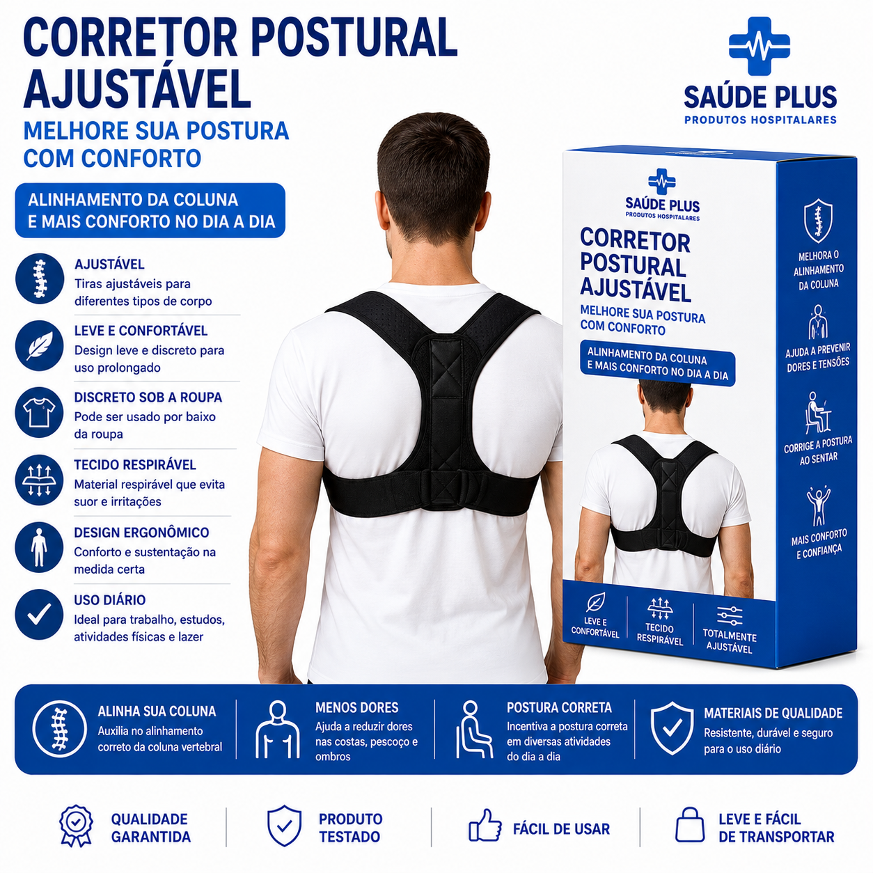 Corretor Postural Ajustável para Costas e Ombros