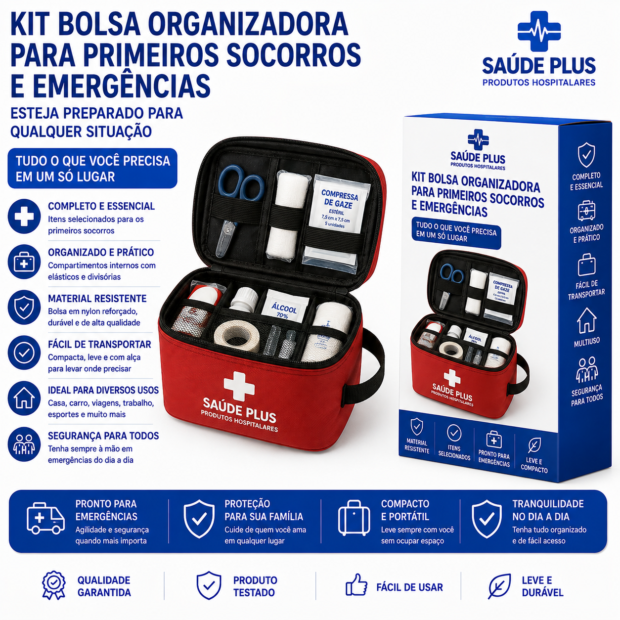 Kit Bolsa Organizadora para Primeiros Socorros e Emergências