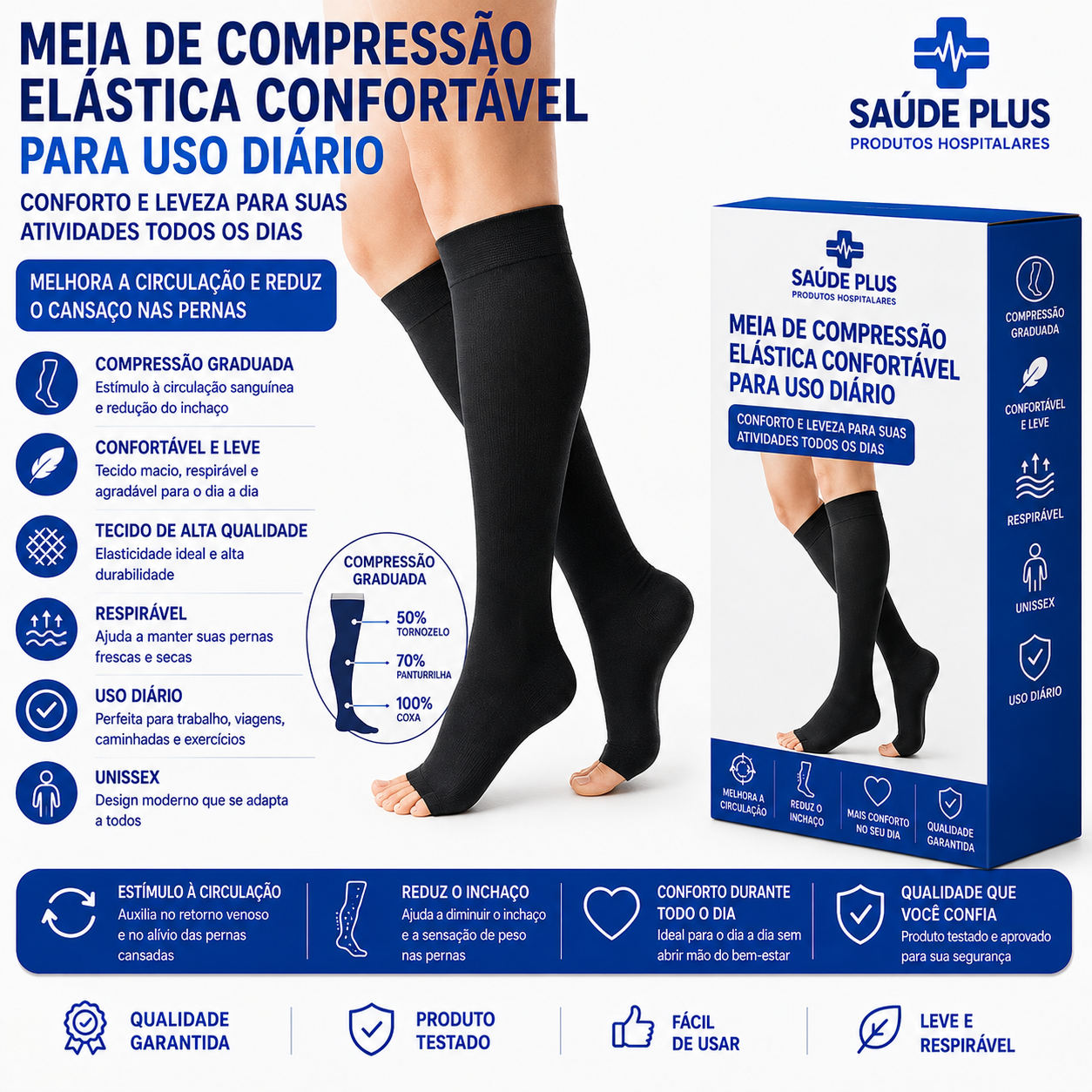 Meia de Compressão Elástica Confortável para Uso Diário