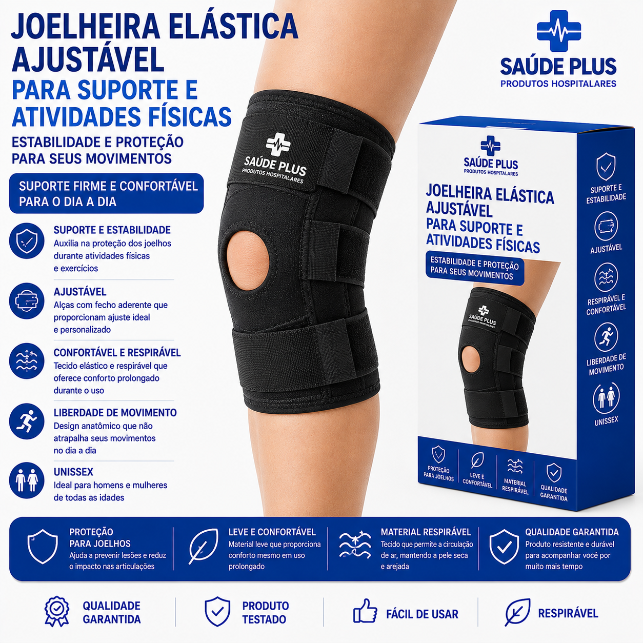 Joelheira Elástica Ajustável para Suporte e Atividades Físicas