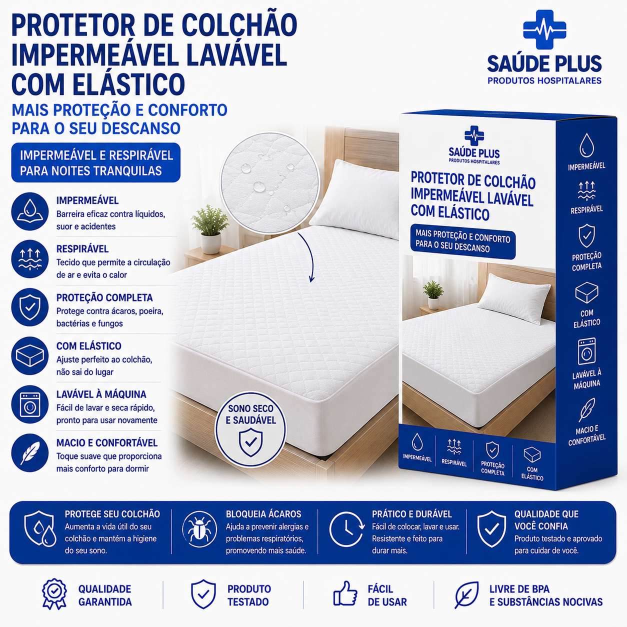 Protetor de Colchão Impermeável Lavável com Elástico