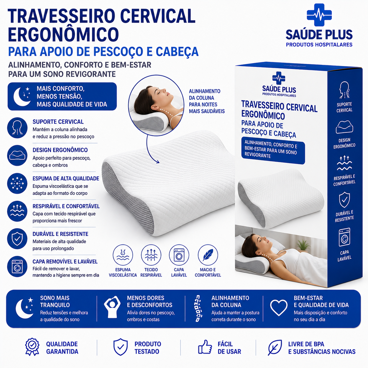 Travesseiro Cervical Ergonômico para Apoio de Pescoço e Cabeça