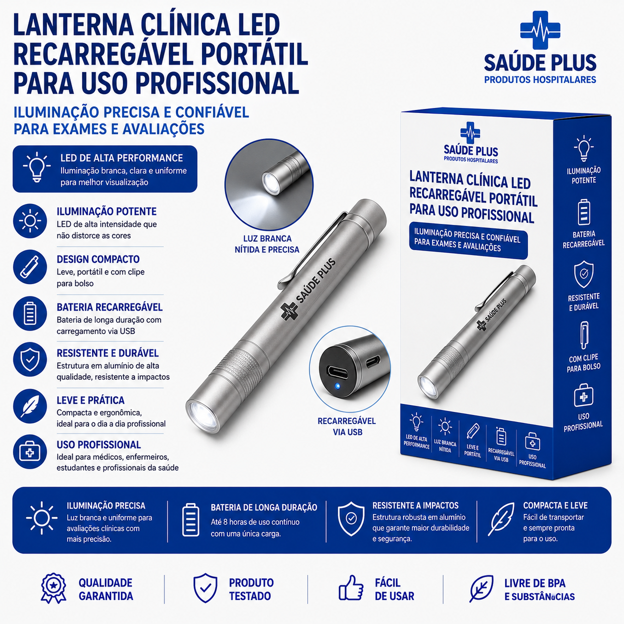Lanterna Clínica LED Recarregável Portátil para Uso Profissional