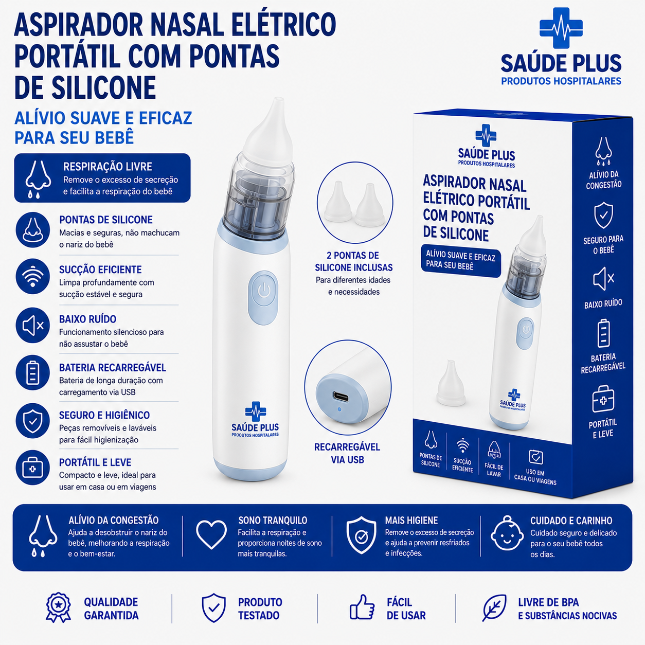 Aspirador Nasal Elétrico Portátil com Pontas de Silicone